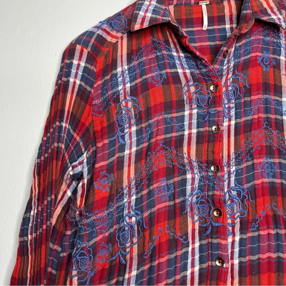 Free People Women's Magical Plaid Embroidered Button Down Top E - Picture 5 of 10